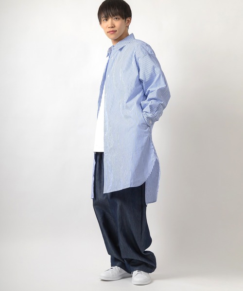 SlashDate(スラッシュデイト)の「ロングシルエットブロード長袖シャツ/オーバーサイズシャツ(シャツ/ブラウス・メンズ・ホワイト/ブラック/ベージュ/ストライプ/ブルー/グリーン・M/L)」の21枚目の写真