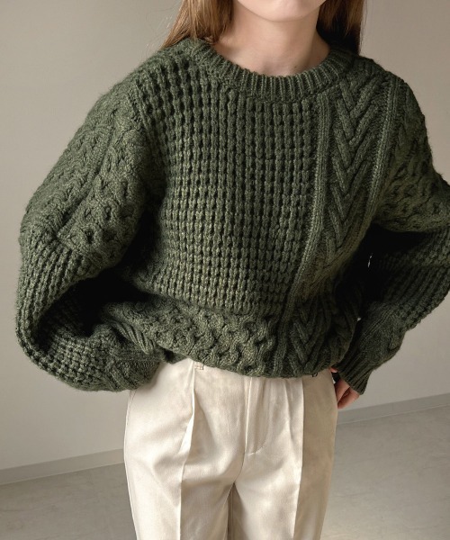 Bab（バブ）の「パッチワークボリューム　ニット（ニット/セーター・レディース・ダークグリーン/ブラウン/アイボリー・FREE）」の3枚目の写真