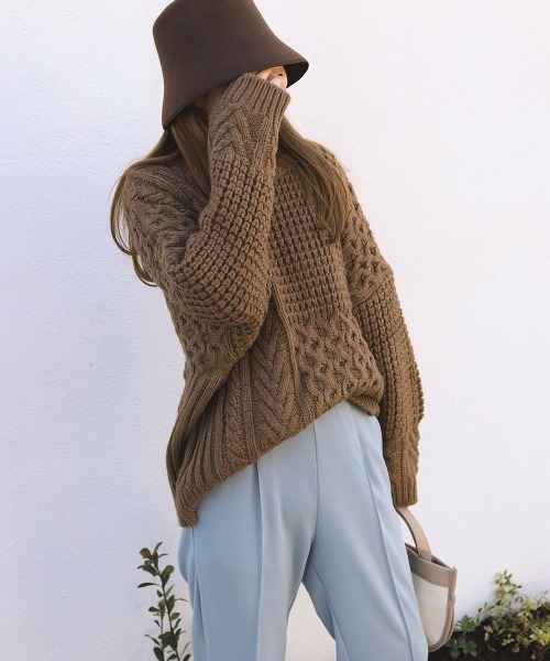 Bab（バブ）の「パッチワークボリューム　ニット（ニット/セーター・レディース・ダークグリーン/ブラウン/アイボリー・FREE）」の5枚目の写真