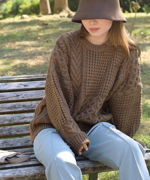 Bab（バブ）の「パッチワークボリューム　ニット（ニット/セーター・レディース・ダークグリーン/ブラウン/アイボリー・FREE）」の8枚目の写真