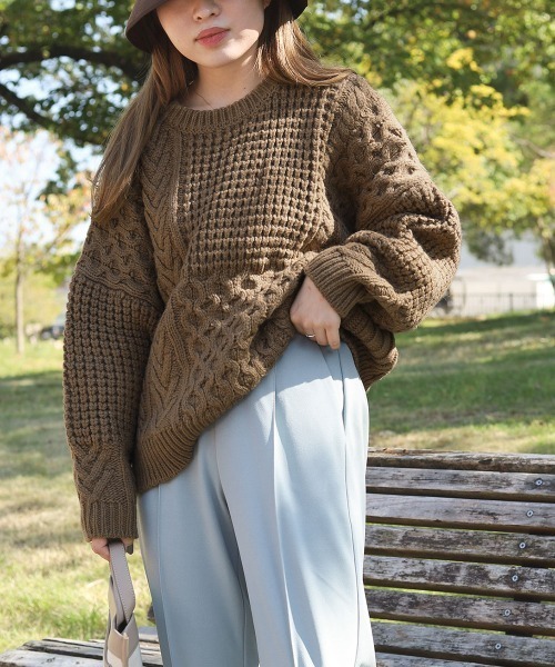 Bab（バブ）の「パッチワークボリューム　ニット（ニット/セーター・レディース・ダークグリーン/ブラウン/アイボリー・FREE）」の9枚目の写真