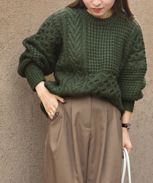 Bab（バブ）の「パッチワークボリューム　ニット（ニット/セーター・レディース・ダークグリーン/ブラウン/アイボリー・FREE）」の12枚目の写真