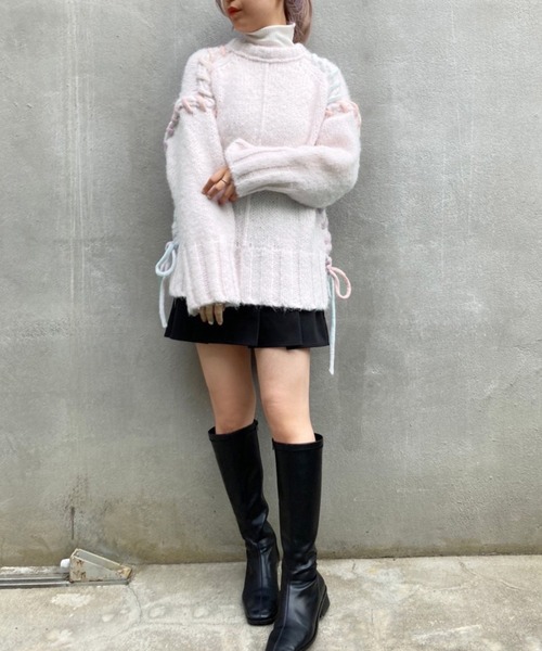 one after another NICE CLAUP（ワンアフターアナザーナイスクラップ）の「スペースダイの編み上げがアクセント！前後２Wayニットカーディガン（ニット/セーター・レディース・アイボリー/ブラック/ブルーグレー/ライトピンク・FREE）」の14枚目の写真