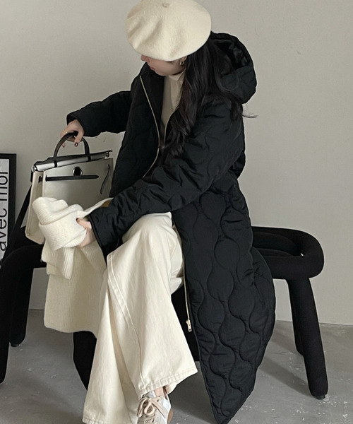 emi+（エミプラス）の「キルティングフディーコート（ノーカラーコート・レディース・ブラック/ネイビー/アイボリー・FREE）」の13枚目の写真