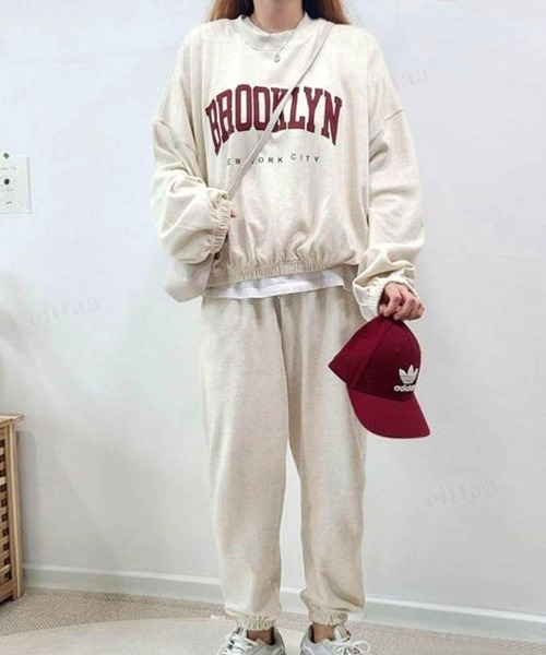 韓国ファッションBROOKLYNカレッジロゴスウェットセットアップパーカー