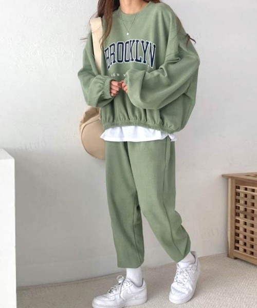 韓国ファッションBROOKLYNカレッジロゴスウェットセットアップパーカー