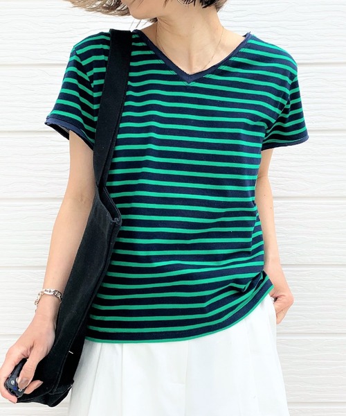 Q(キュー)の「デイリー半袖ボーダーT(Tシャツ/カットソー・レディース・ホワイト系その他/ブルー系その他/レッド系その他・MEDIUM)」の1枚目の写真