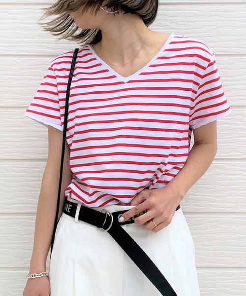 Q(キュー)の「デイリー半袖ボーダーT(Tシャツ/カットソー・レディース・ホワイト系その他/ブルー系その他/レッド系その他・MEDIUM)」の3枚目の写真