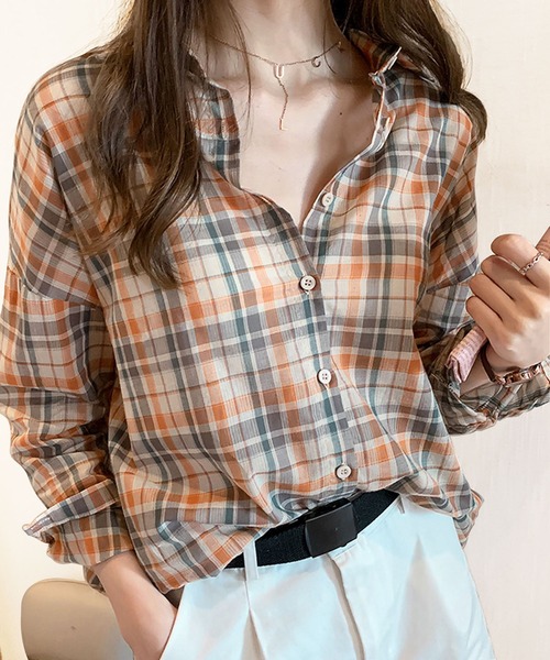 Amulet(アミュレット)の「長袖チェックシャツ(シャツ/ブラウス・レディース・オレンジ/グリーン・M/L/XL)」の1枚目の写真