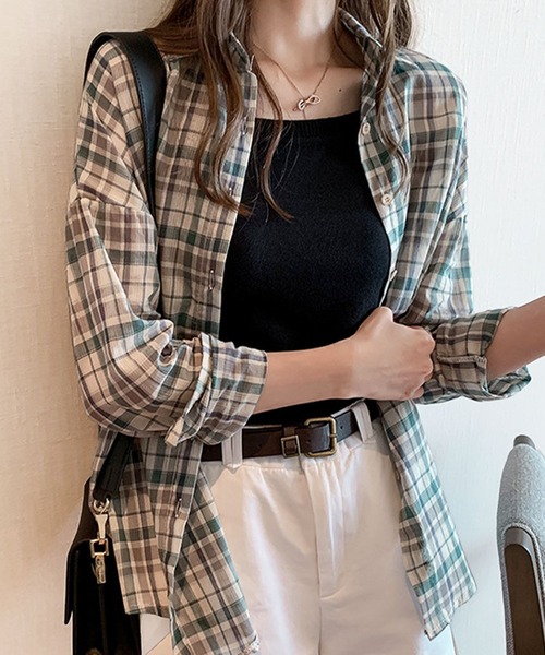 Amulet(アミュレット)の「長袖チェックシャツ(シャツ/ブラウス・レディース・オレンジ/グリーン・M/L/XL)」の2枚目の写真