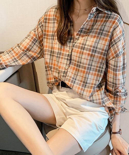 Amulet(アミュレット)の「長袖チェックシャツ(シャツ/ブラウス・レディース・オレンジ/グリーン・M/L/XL)」の8枚目の写真