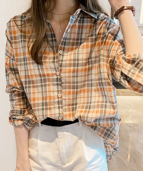 Amulet(アミュレット)の「長袖チェックシャツ(シャツ/ブラウス・レディース・オレンジ/グリーン・M/L/XL)」の10枚目の写真