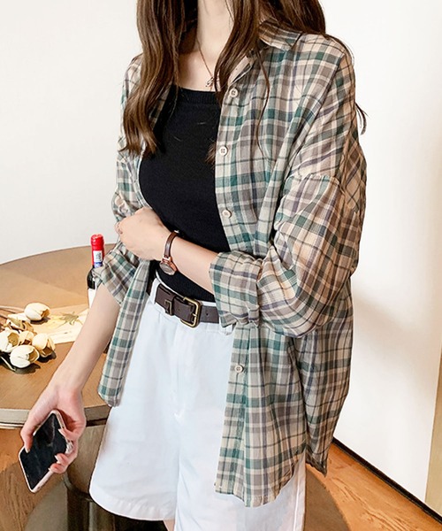 Amulet(アミュレット)の「長袖チェックシャツ(シャツ/ブラウス・レディース・オレンジ/グリーン・M/L/XL)」の14枚目の写真