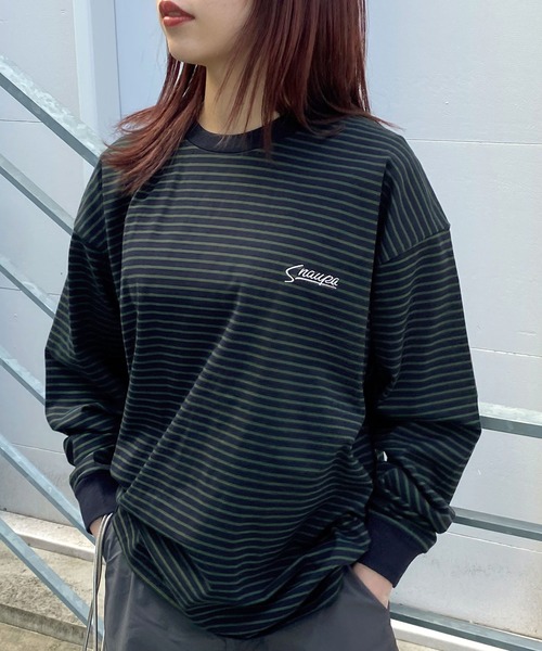 Snap club(スナップクラブ)の「【Snap club】ワンポイント刺繍 ボーダーリンガーロンT 長袖カットソー(Tシャツ/カットソー・メンズ・ホワイト/ブラック/ネイビー/レッド/グリーン・M/L)」の5枚目の写真