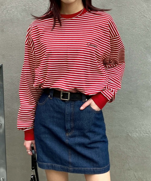 Snap club(スナップクラブ)の「【Snap club】ワンポイント刺繍 ボーダーリンガーロンT 長袖カットソー(Tシャツ/カットソー・メンズ・ホワイト/ブラック/ネイビー/レッド/グリーン・M/L)」の1枚目の写真