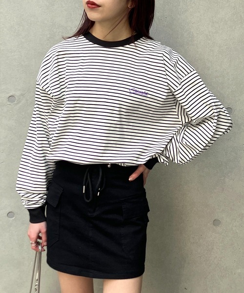 Snap club(スナップクラブ)の「【Snap club】ワンポイント刺繍 ボーダーリンガーロンT 長袖カットソー(Tシャツ/カットソー・メンズ・ホワイト/ブラック/ネイビー/レッド/グリーン・M/L)」の2枚目の写真