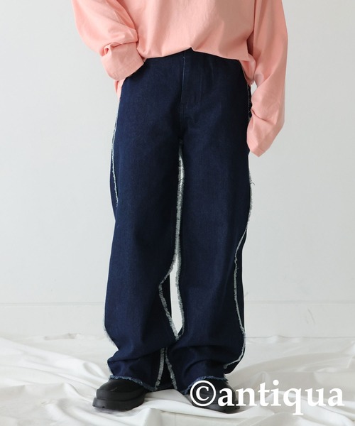 antiqua(アンティカ)の「フリンジデニムパンツ(デニムパンツ・レディース・インディゴブルー・L/M)」の2枚目の写真