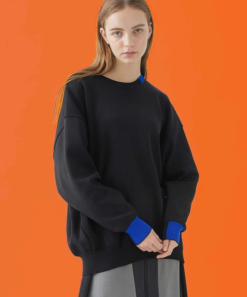 A + TOKYO（エープラストウキョウ）の「【洗える/軽量】ポイントカラーオーバーニットトップス（ニット/セーター・レディース・ブルー/ブラック/ラベンダー/イエロー/ベージュ・FREE）」の2枚目の写真