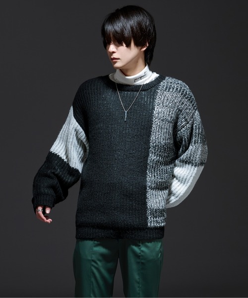 Ellno Loset(エルノロゼット)の「モヘアタッチ配色ニット(ニット/セーター・メンズ・ブラック/グリーン・MEDIUM/LARGE)」の3枚目の写真