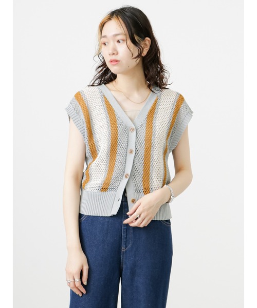 Samansa Mos2 blue（サマンサモスモスブルー）の「前後2wayストライプニットベスト（ベスト・レディース・カーキ/モカ/グレー・ﾌﾘ-）」の7枚目の写真