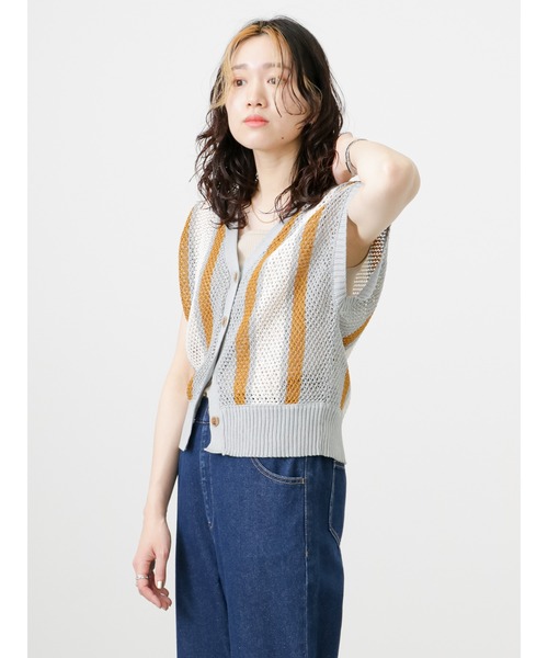 Samansa Mos2 blue（サマンサモスモスブルー）の「前後2wayストライプニットベスト（ベスト・レディース・カーキ/モカ/グレー・ﾌﾘ-）」の8枚目の写真
