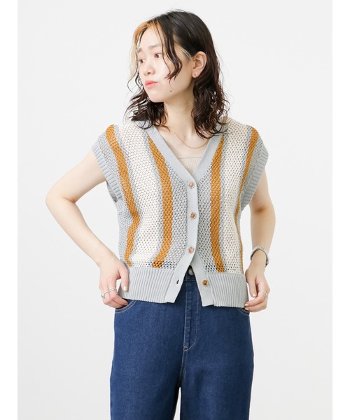 Samansa Mos2 blue（サマンサモスモスブルー）の「前後2wayストライプニットベスト（ベスト・レディース・カーキ/モカ/グレー・ﾌﾘ-）」の9枚目の写真