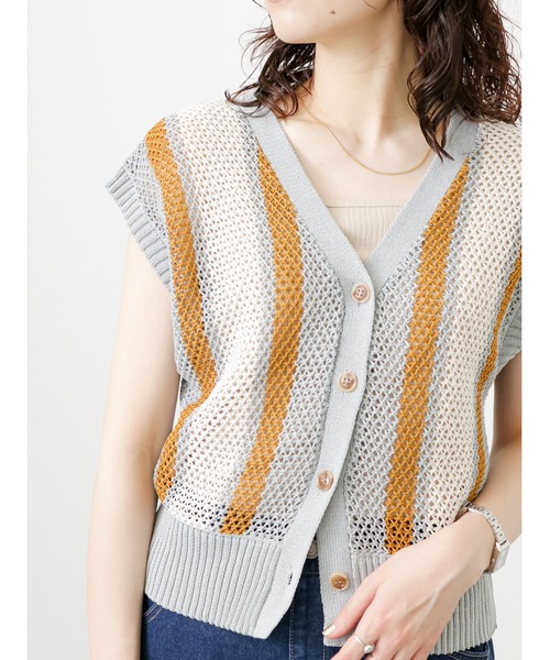 Samansa Mos2 blue（サマンサモスモスブルー）の「前後2wayストライプニットベスト（ベスト・レディース・カーキ/モカ/グレー・ﾌﾘ-）」の14枚目の写真