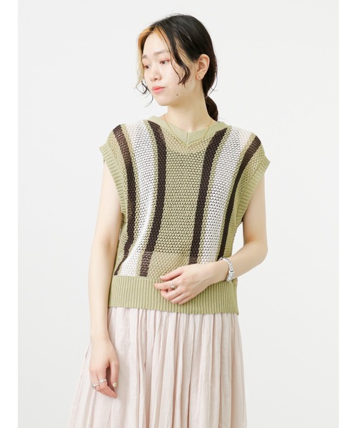 Samansa Mos2 blue（サマンサモスモスブルー）の「前後2wayストライプニットベスト（ベスト・レディース・カーキ/モカ/グレー・ﾌﾘ-）」の19枚目の写真