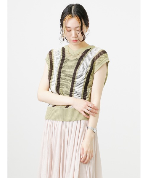 Samansa Mos2 blue（サマンサモスモスブルー）の「前後2wayストライプニットベスト（ベスト・レディース・カーキ/モカ/グレー・ﾌﾘ-）」の20枚目の写真