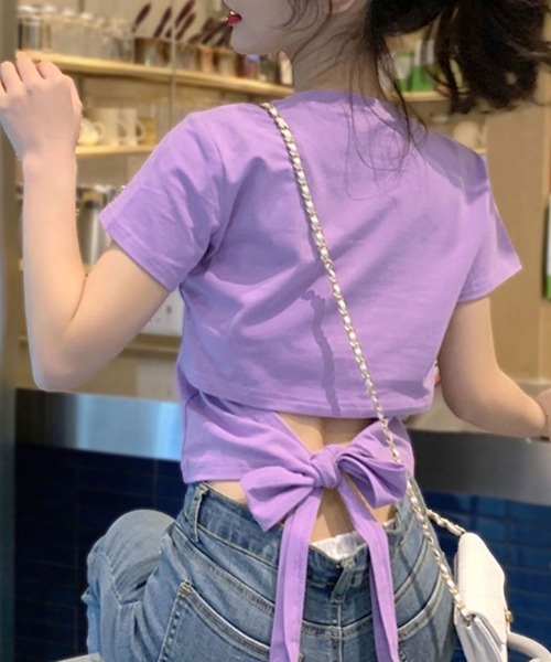 Riff（リフ）の「ウエスト見せバックリボンTシャツ（Tシャツ/カットソー・レディース・パープル/イエロー/ホワイト/ブラック/ピンク/チャコールグレー・L/XL/M）」の4枚目の写真