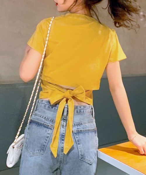 Riff（リフ）の「ウエスト見せバックリボンTシャツ（Tシャツ/カットソー・レディース・パープル/イエロー/ホワイト/ブラック/ピンク/チャコールグレー・L/XL/M）」の5枚目の写真