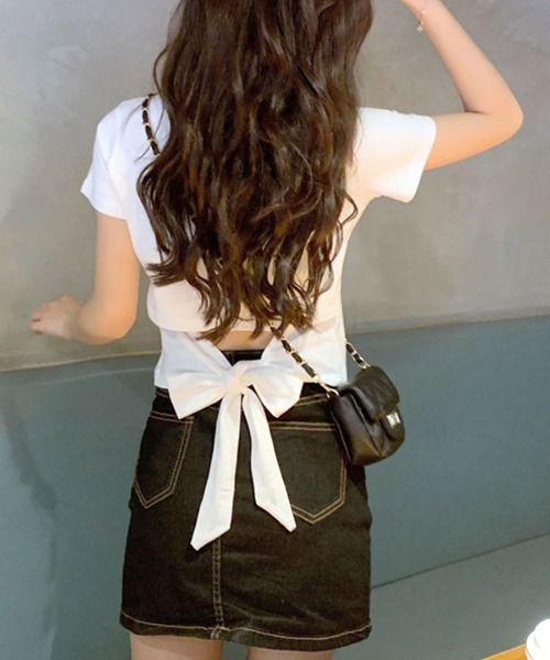 Riff（リフ）の「ウエスト見せバックリボンTシャツ（Tシャツ/カットソー・レディース・パープル/イエロー/ホワイト/ブラック/ピンク/チャコールグレー・L/XL/M）」の12枚目の写真