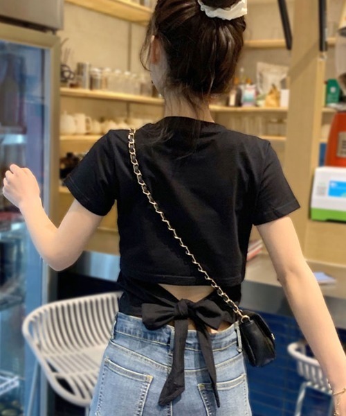 Riff（リフ）の「ウエスト見せバックリボンTシャツ（Tシャツ/カットソー・レディース・パープル/イエロー/ホワイト/ブラック/ピンク/チャコールグレー・L/XL/M）」の18枚目の写真