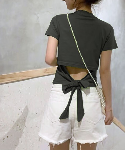 Riff（リフ）の「ウエスト見せバックリボンTシャツ（Tシャツ/カットソー・レディース・パープル/イエロー/ホワイト/ブラック/ピンク/チャコールグレー・L/XL/M）」の19枚目の写真