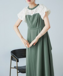 花柄ジャガードパフスリーブ切替サテンドレス