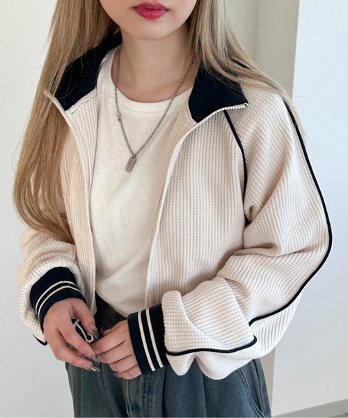 apres jour mignon(アプレジュールミニョン)の「ワッフルトラックジャケット【ZOZOTOWN限定アイテム】(ジャージ・レディース・アイボリー/ブラウン系その他/ネイビー・X-LARGE/フリー)」の6枚目の写真