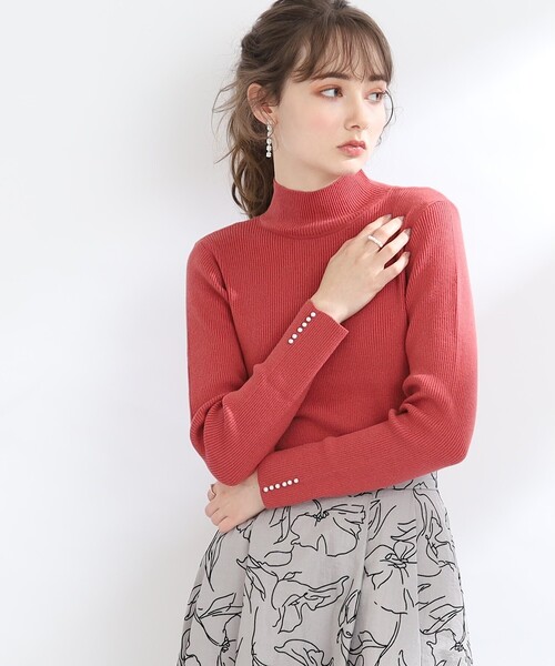 couture brooch（クチュールブローチ）の「◆【吸湿発熱／サステナブル機能糸使用】フェイクパールリブニット（ニット/セーター・レディース・オフホワイト/ピンク系/ブラック/レッド系1/ライトグレー/ピンク・42/38/36）」の5枚目の写真