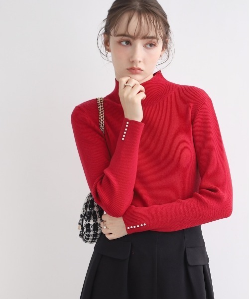 couture brooch（クチュールブローチ）の「◆【吸湿発熱／サステナブル機能糸使用】フェイクパールリブニット（ニット/セーター・レディース・オフホワイト/ピンク系/ブラック/レッド系1/ライトグレー/ピンク・42/38/36）」の6枚目の写真