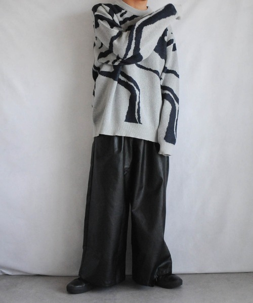 【セール】2タックPUレザーワイドフレア袴パンツ / ダブルタック PUレザーワイドフレアパンツ【セットアップ対応】（スラックス）｜Nilway（ニルウェイ）