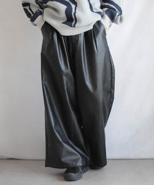 【セール】2タックPUレザーワイドフレア袴パンツ / ダブルタック PUレザーワイドフレアパンツ【セットアップ対応】（スラックス）｜Nilway（ニルウェイ）
