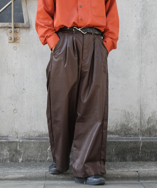 【セール】2タックPUレザーワイドフレア袴パンツ / ダブルタック PUレザーワイドフレアパンツ【セットアップ対応】（スラックス）｜Nilway（ニルウェイ）