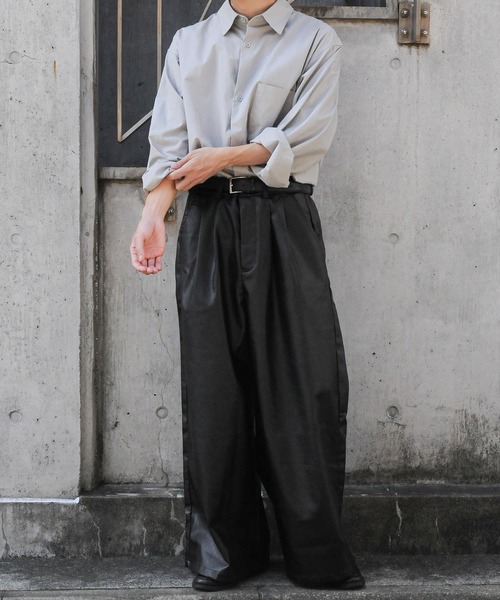 【セール】2タックPUレザーワイドフレア袴パンツ / ダブルタック PUレザーワイドフレアパンツ【セットアップ対応】（スラックス）｜Nilway（ニルウェイ）