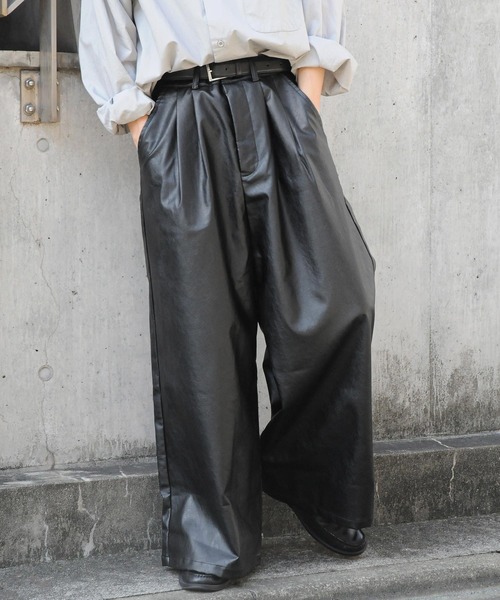【セール】2タックPUレザーワイドフレア袴パンツ / ダブルタック PUレザーワイドフレアパンツ【セットアップ対応】（スラックス）｜Nilway（ニルウェイ）