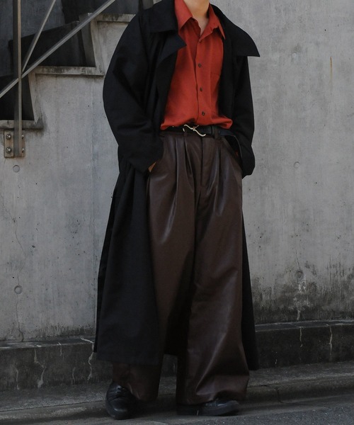 【セール】2タックPUレザーワイドフレア袴パンツ / ダブルタック PUレザーワイドフレアパンツ【セットアップ対応】（スラックス）｜Nilway（ニルウェイ）