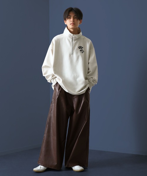 【セール】2タックPUレザーワイドフレア袴パンツ / ダブルタック PUレザーワイドフレアパンツ【セットアップ対応】（スラックス）｜Nilway（ニルウェイ）