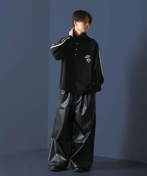 【セール】2タックPUレザーワイドフレア袴パンツ / ダブルタック PUレザーワイドフレアパンツ【セットアップ対応】（スラックス）｜Nilway（ニルウェイ）