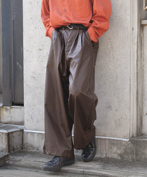 【セール】2タックPUレザーワイドフレア袴パンツ / ダブルタック PUレザーワイドフレアパンツ【セットアップ対応】（スラックス）｜Nilway（ニルウェイ）