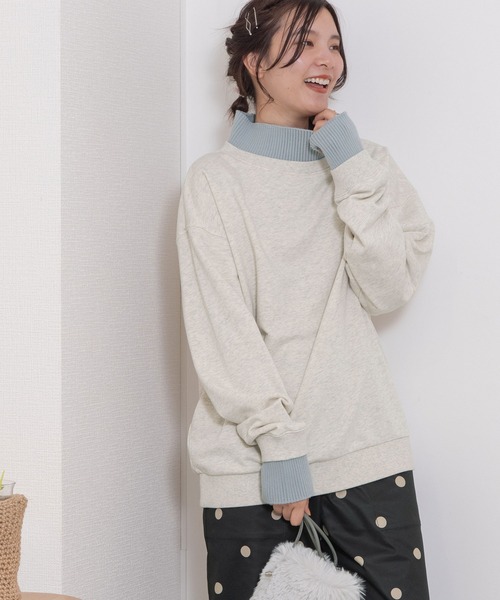 POU DOU DOU（プードゥドゥ）の「ハイネックニット裏毛プルオーバー（スウェット・レディース・ピンク/オートミール/ネイビー・3）」の11枚目の写真