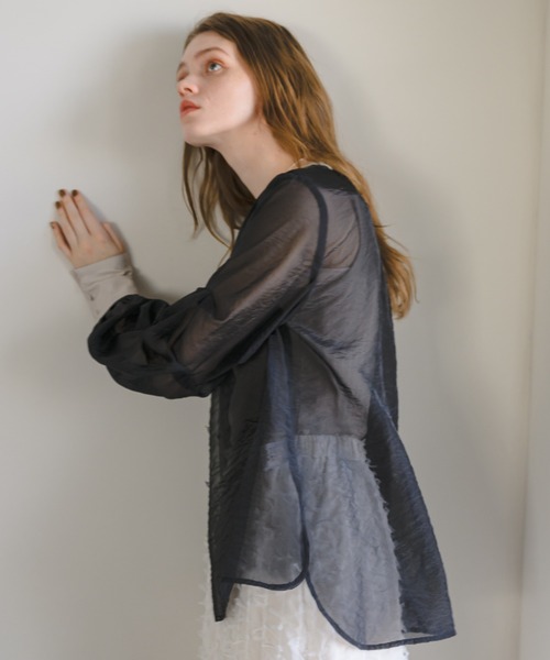 ブラウス シャツ sheer organdy construct blouse(シアーオーガンジー構築ブラウス) レディース idem（イデム）の「organdy sheer blouse/オーガンジーシアー