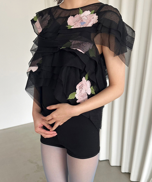 EDIT. FOR LULU(エディットフォールル)の「【CAROLINE HU/キャロライン フウ】TULLE PLEATRD TOP(シャツ/ブラウス・レディース・ブラック・FREE)」の3枚目の写真